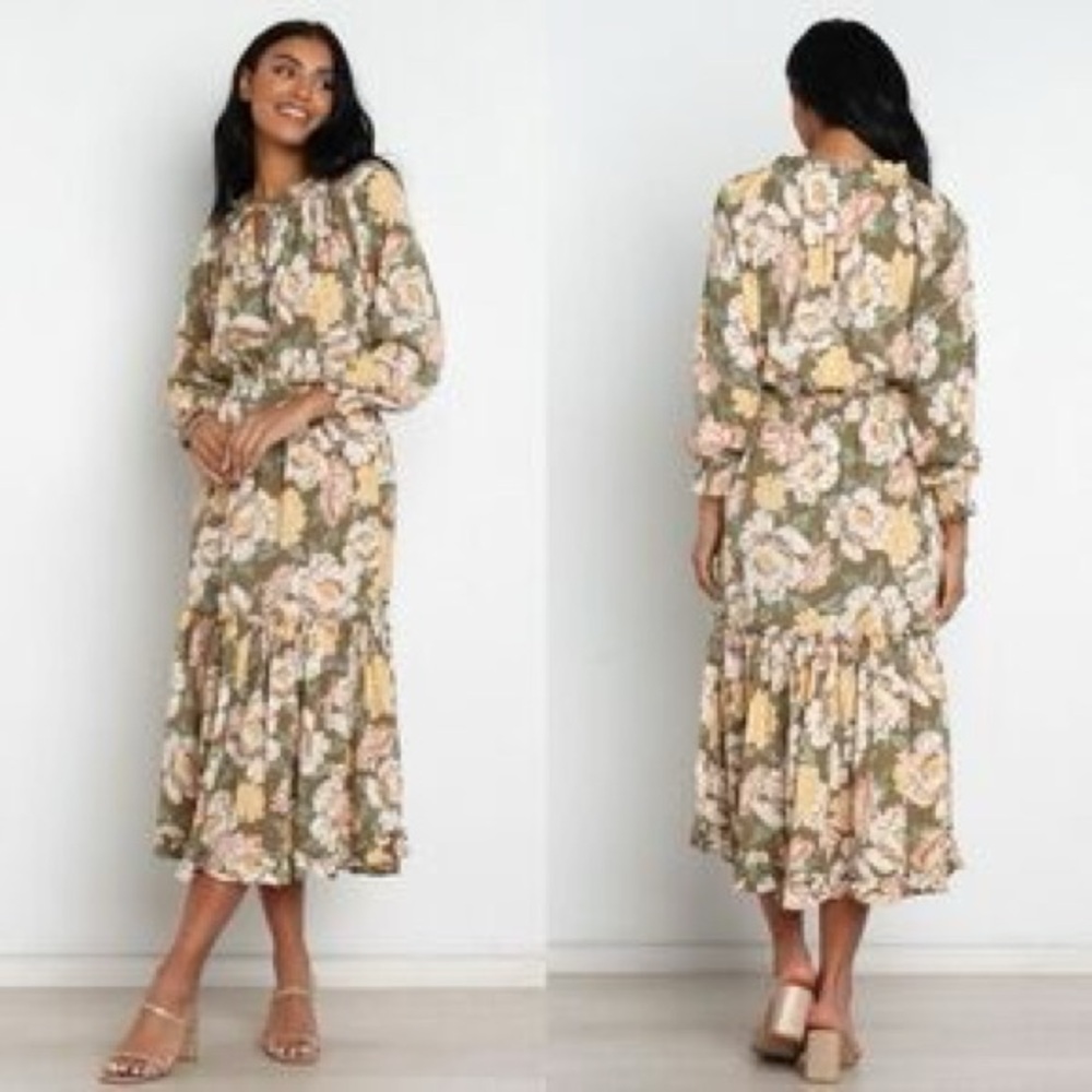 Floral Midi Dress in Olive with Pink & Cream Blooms